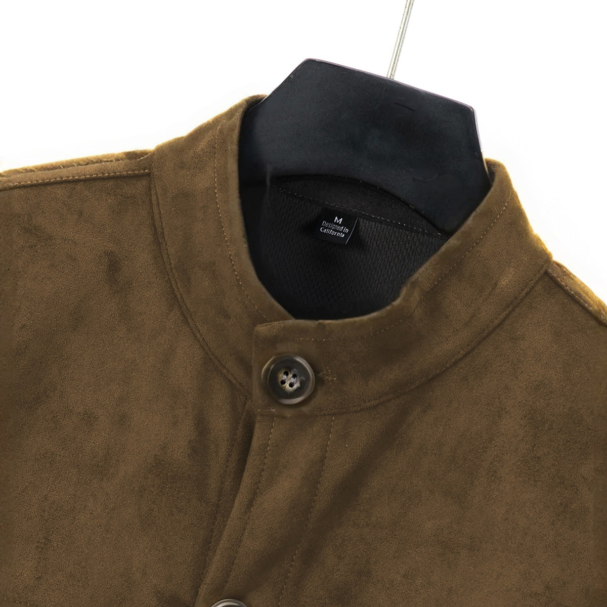 Marlow suede shirt jacket in brown, stand collar detail