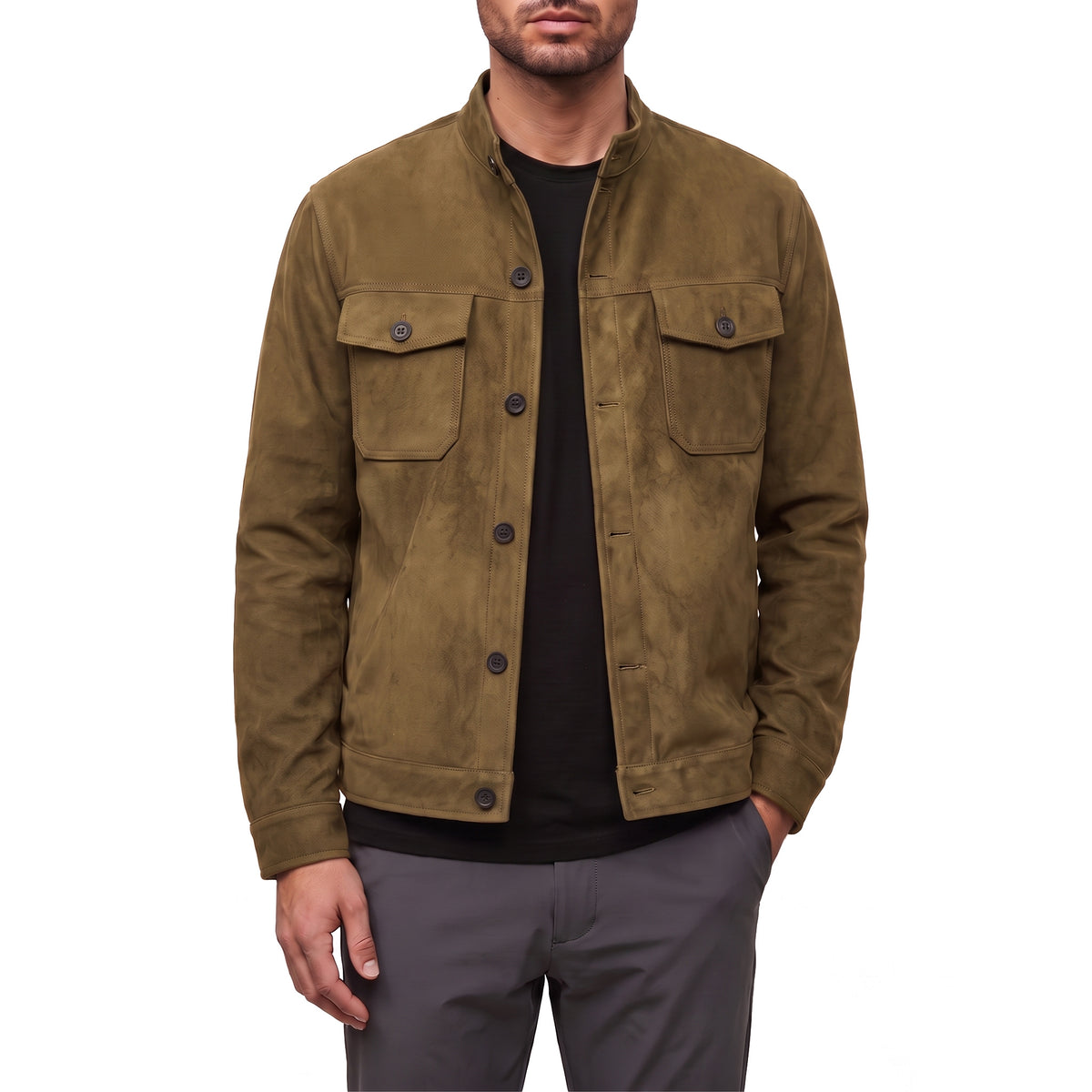 Marlow suede shirt jacket in brown, front view