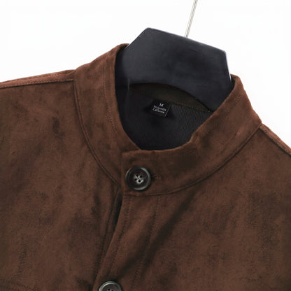 Marlow suede shirt jacket in dark brown, collar detail