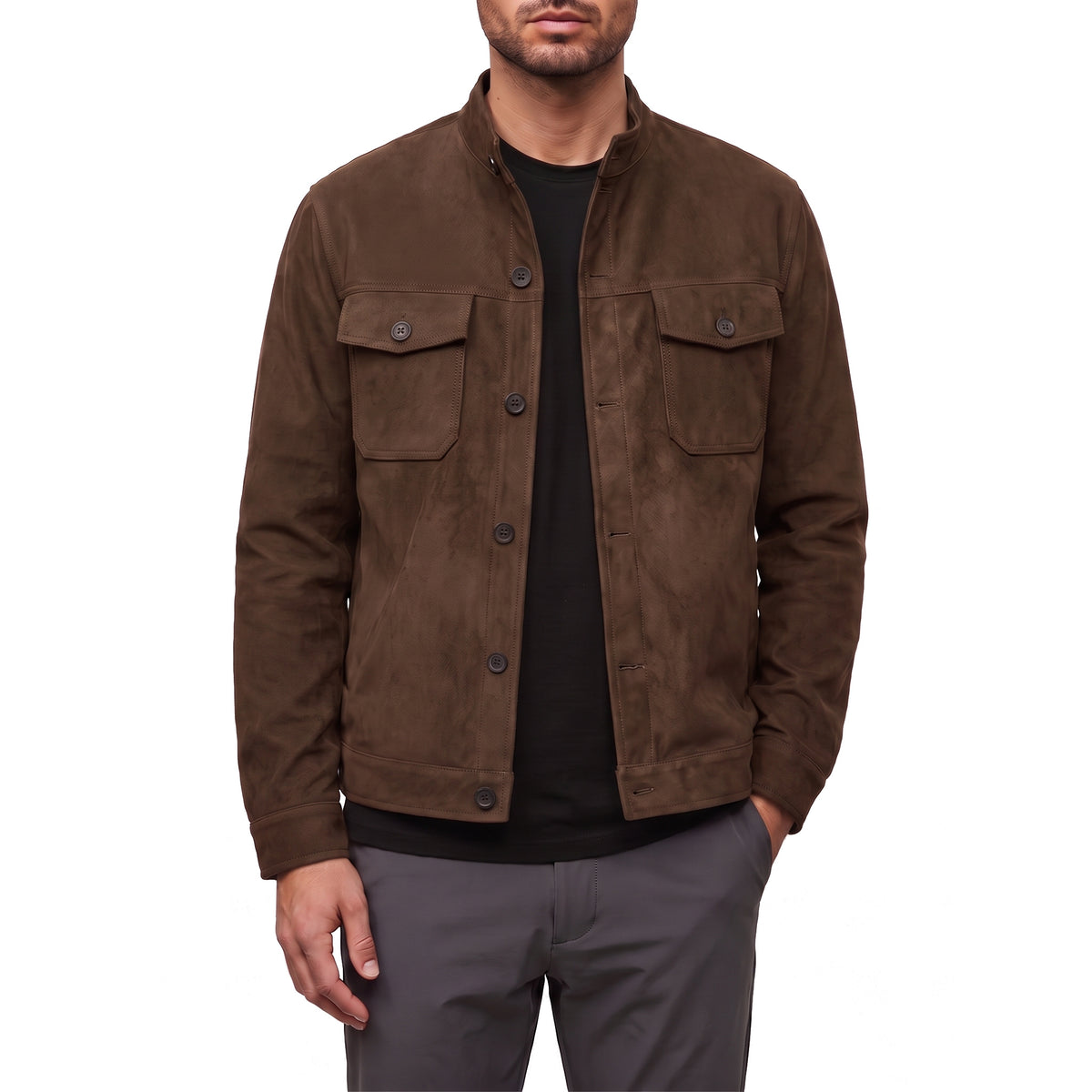 Marlow suede shirt jacket in dark brown, front view
