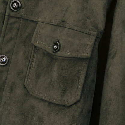 Marlow suede shirt jacket in green, chest pocket detail