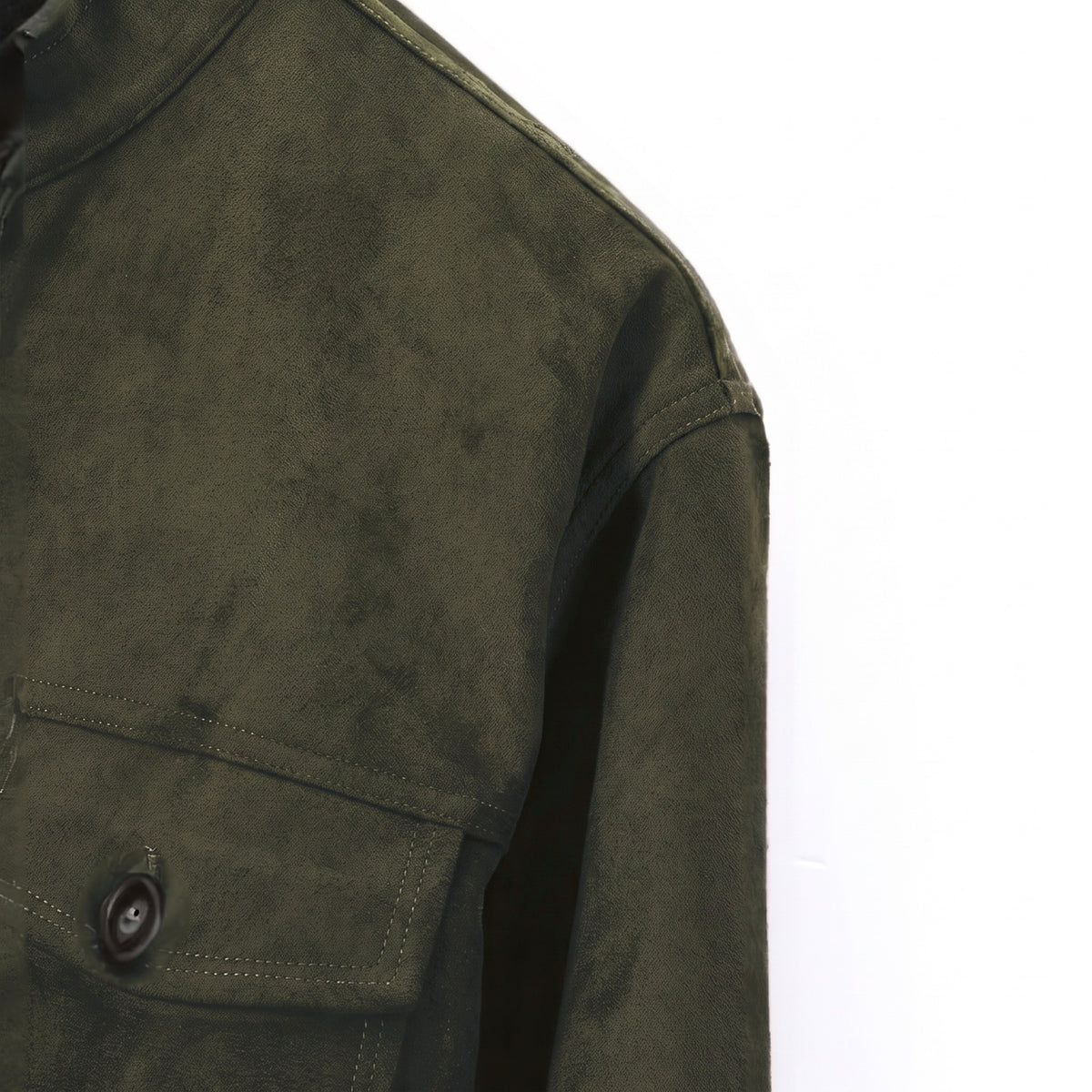 Marlow suede shirt jacket in green, shoulder seam detail