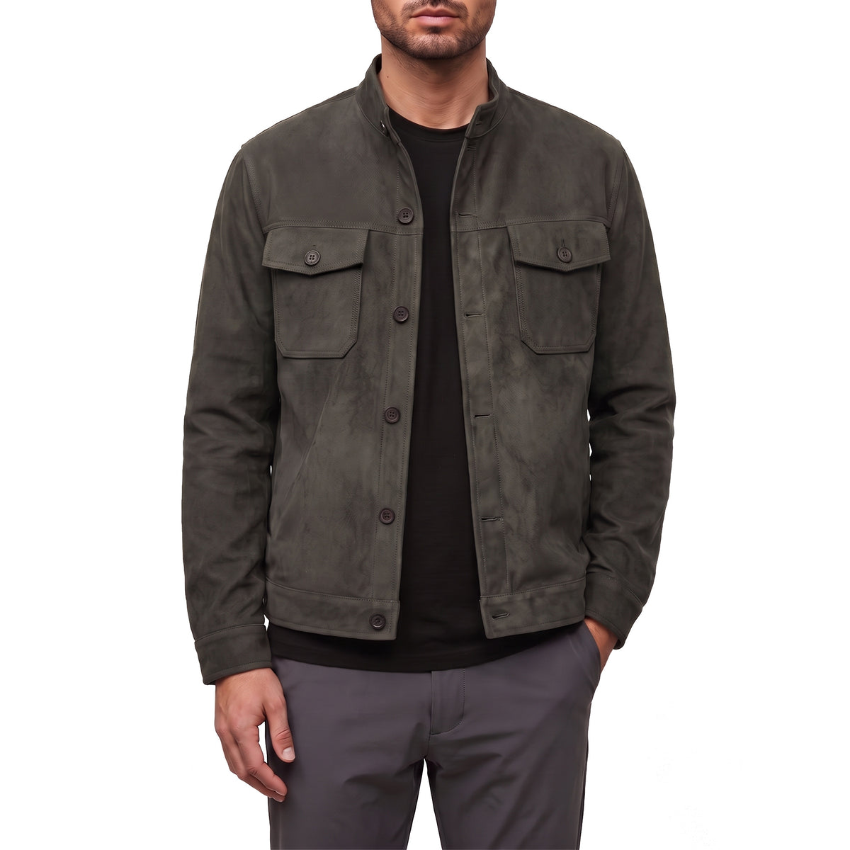 Marlow suede shirt jacket in grey, front view