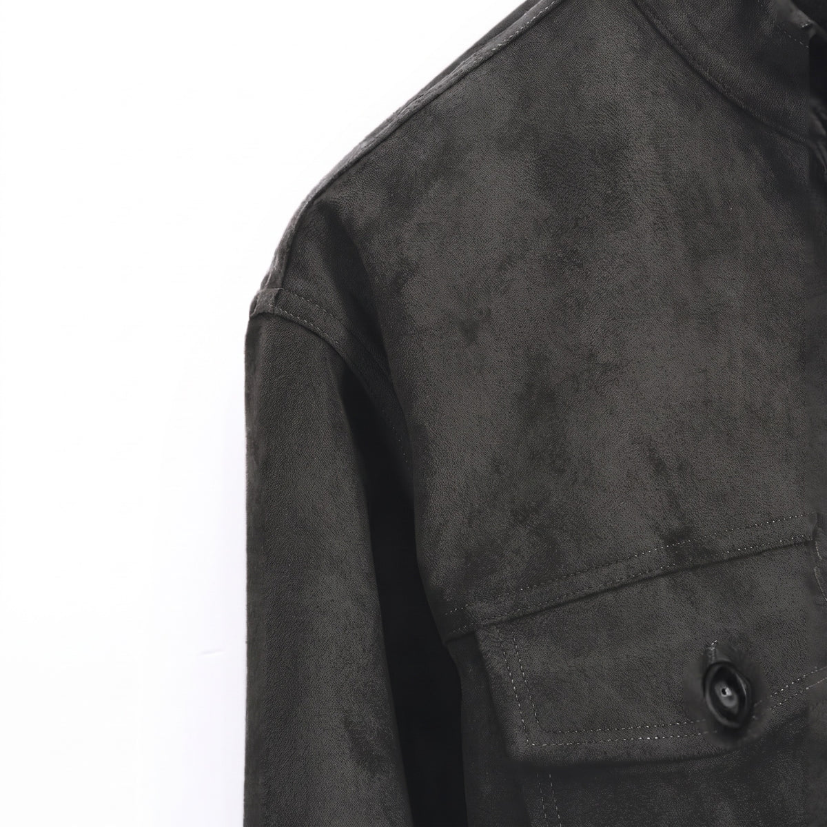 Marlow suede shirt jacket in grey, shoulder seam detail