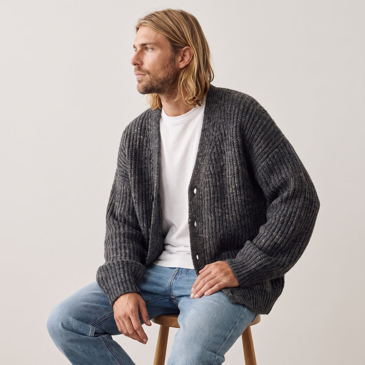 Nolan relaxed V-neck cardigan in charcoal, worn
