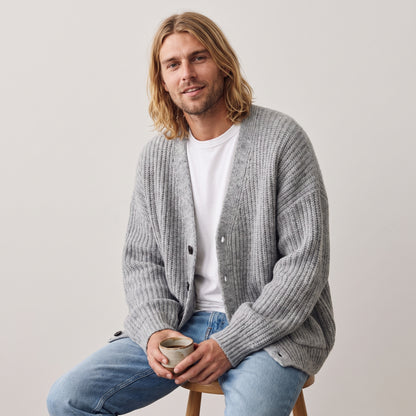 Nolan relaxed V-neck cardigan in grey, worn
