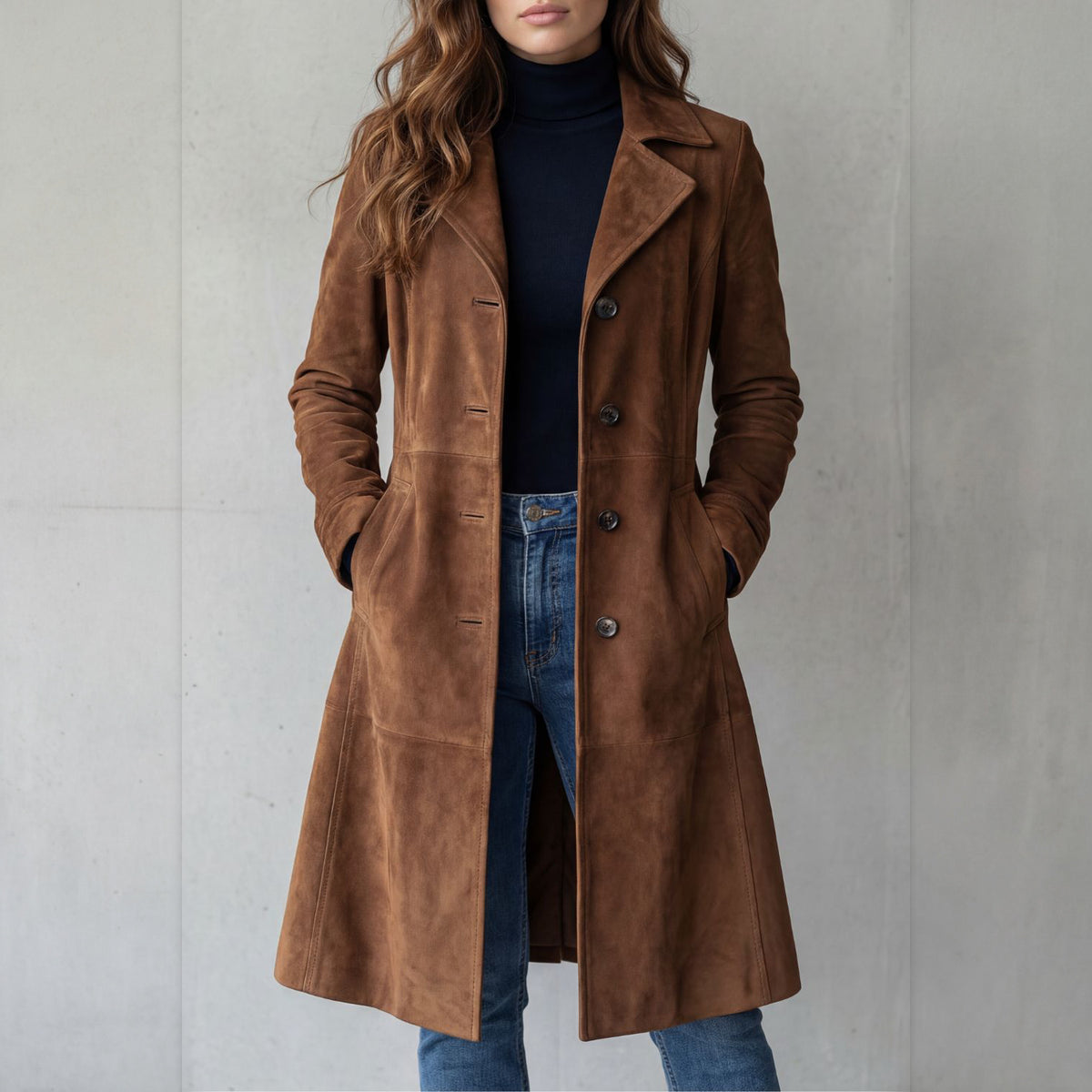 Odette suede-finish long coat in brown
