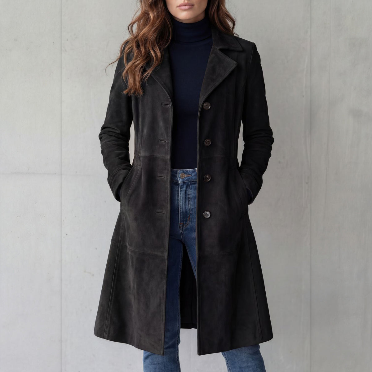 Odette suede-finish long coat in black