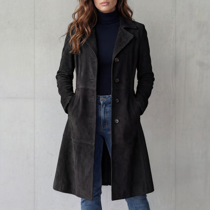 Odette suede-finish long coat in black