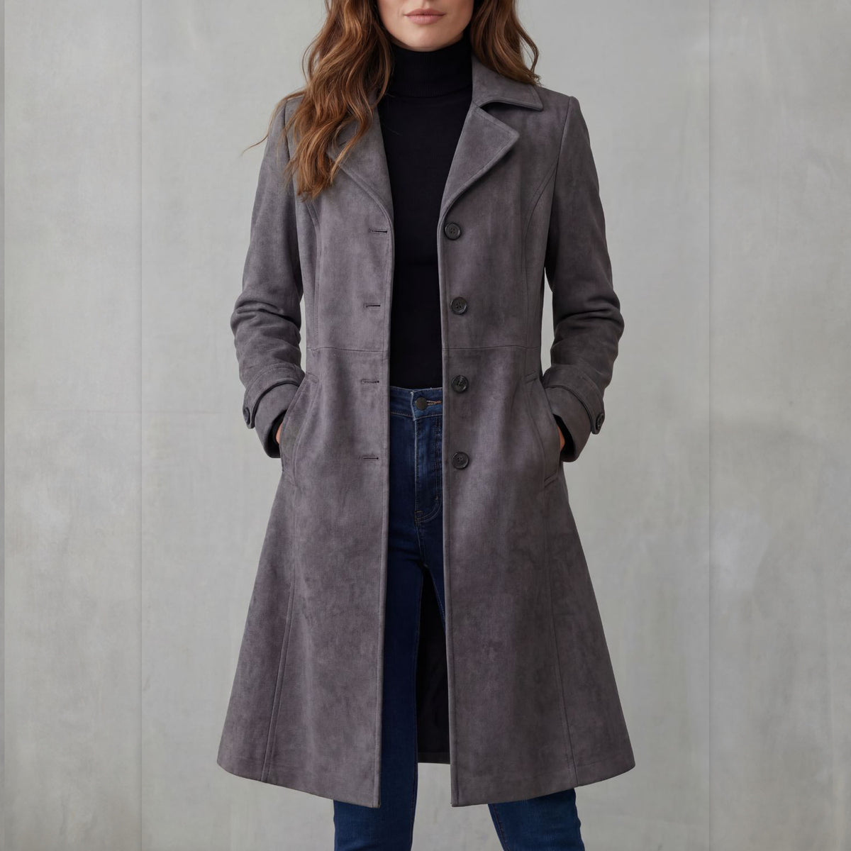 Odette suede-finish long coat in charcoal