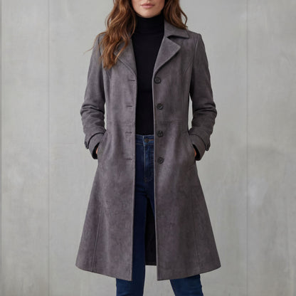 Odette suede-finish long coat in charcoal