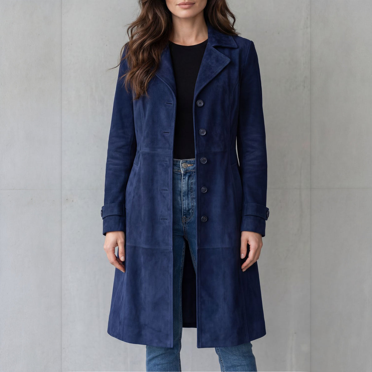 Odette suede-finish long coat in navy