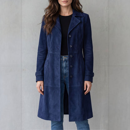Odette suede-finish long coat in navy