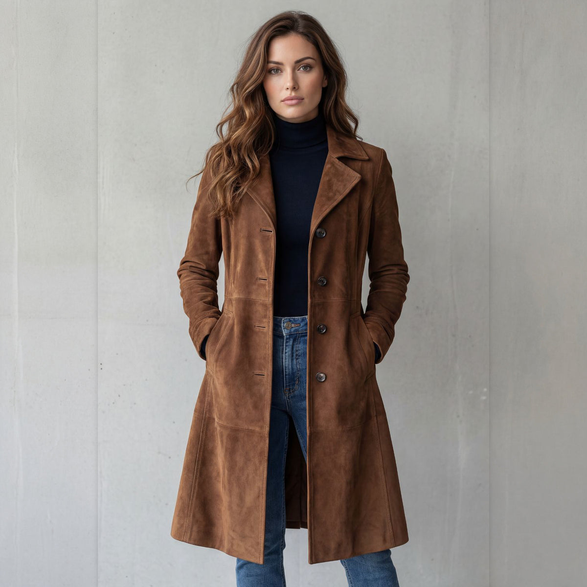 Odette suede-finish long coat in brown, front view