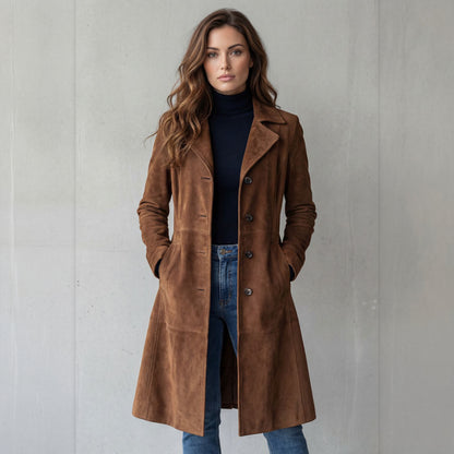 Odette suede-finish long coat in brown, front view