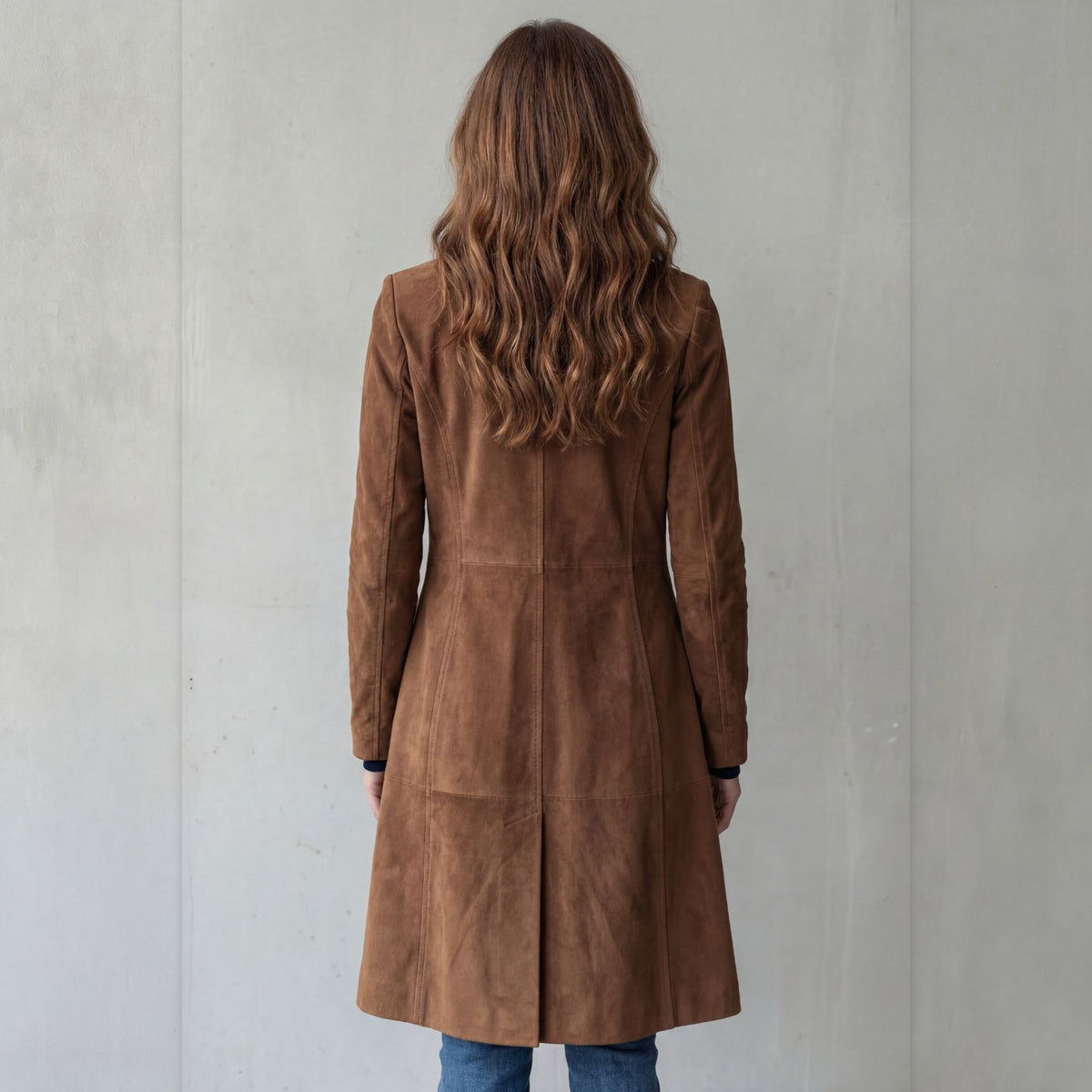 Odette suede-finish long coat in brown, back view