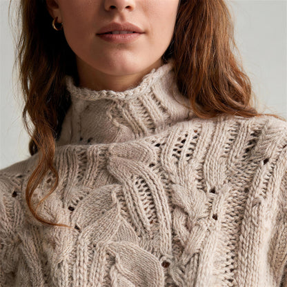 Oriana cable knit sweater in beige, roll neck and open-work knit detail