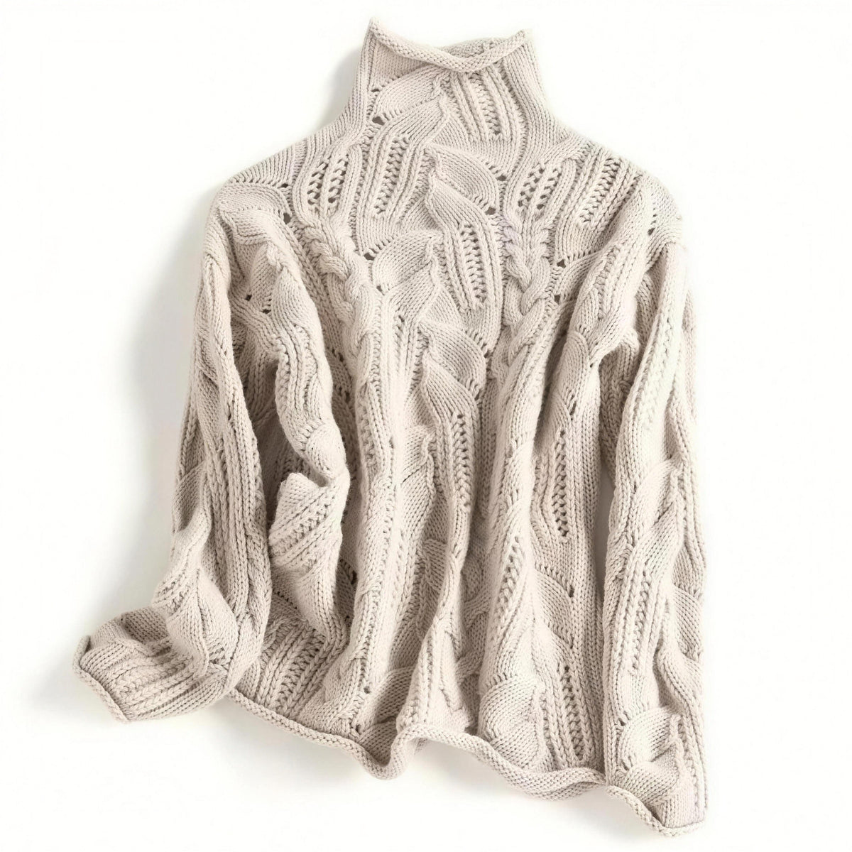 Oriana cable knit sweater in beige, laid flat