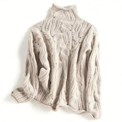 Oriana cable knit sweater in beige, laid flat