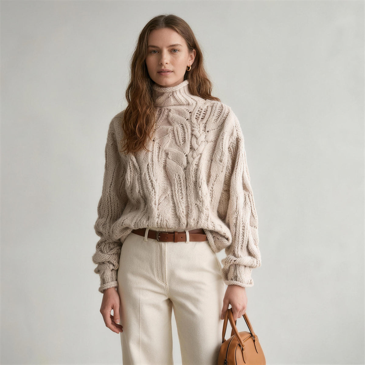 Oriana cable knit sweater in beige, front view