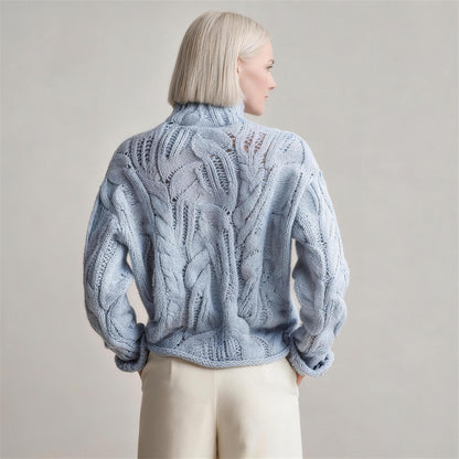 Oriana cable knit sweater in wavy blue, back view