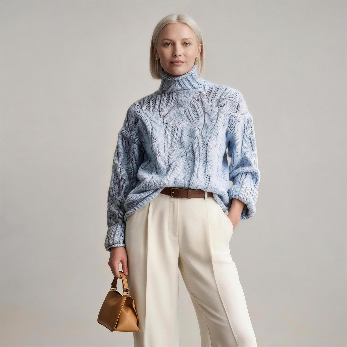 Oriana cable knit sweater in wavy blue, front view
