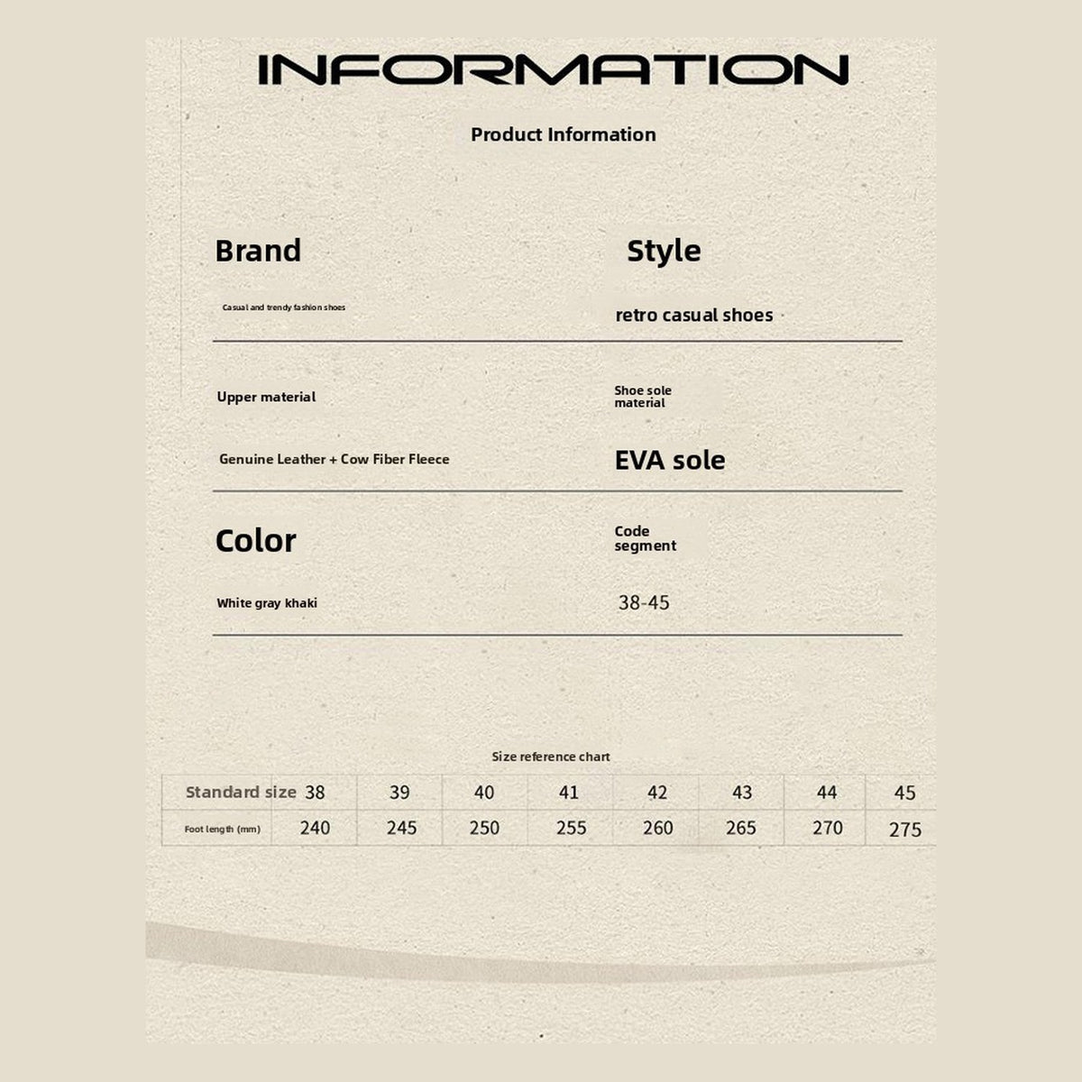 Ryden loafers product information and size reference chart