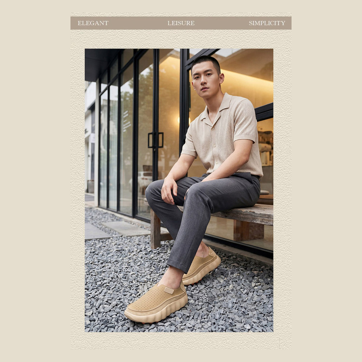 Ryden loafers in apricot, worn outside a cafe