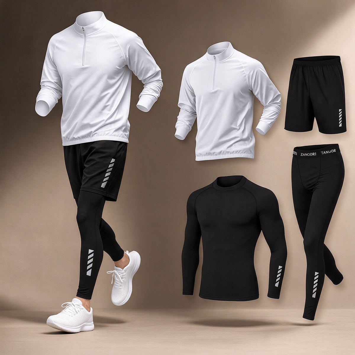 Ryder 4-piece training set with white half-zip top, compression top, shorts and leggings