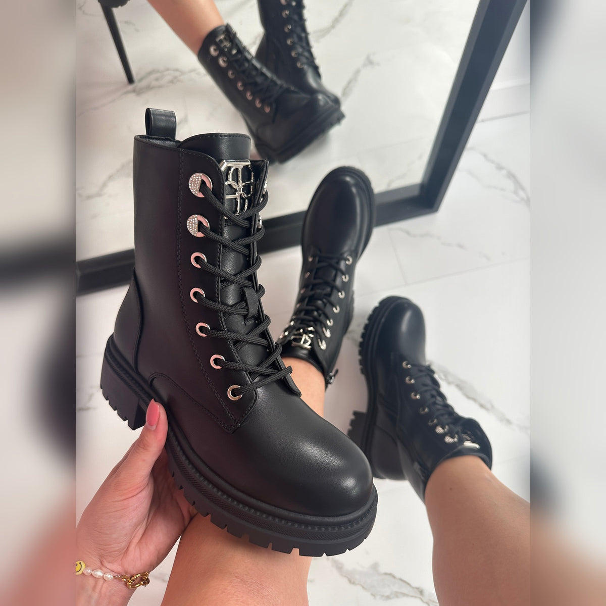 Sabina black lace-up boots with chunky platform sole