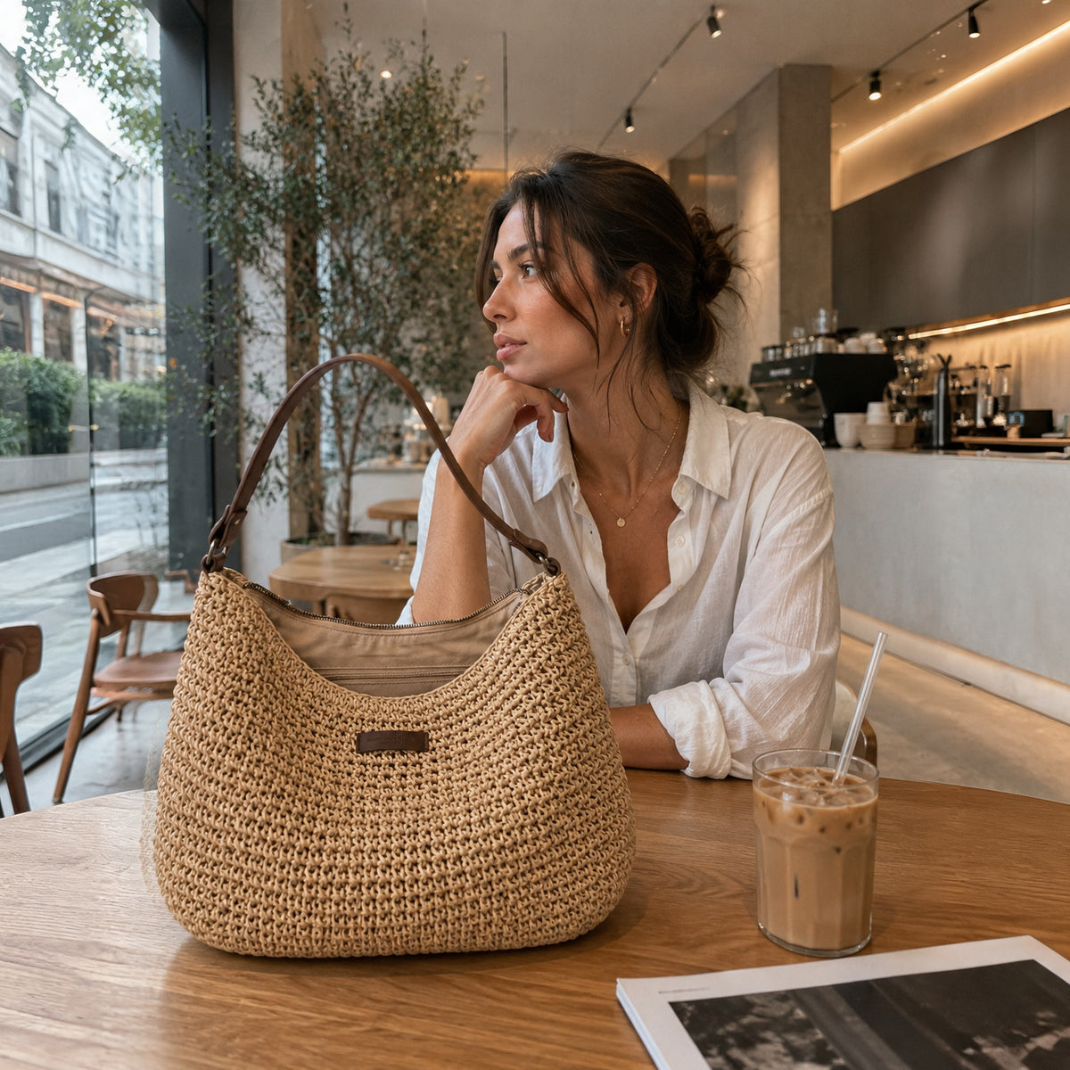 Woman in a café with the Sienna woven bag