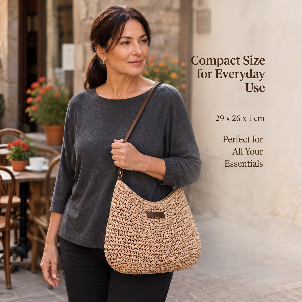 Woman wearing the Sienna woven bag on the shoulder