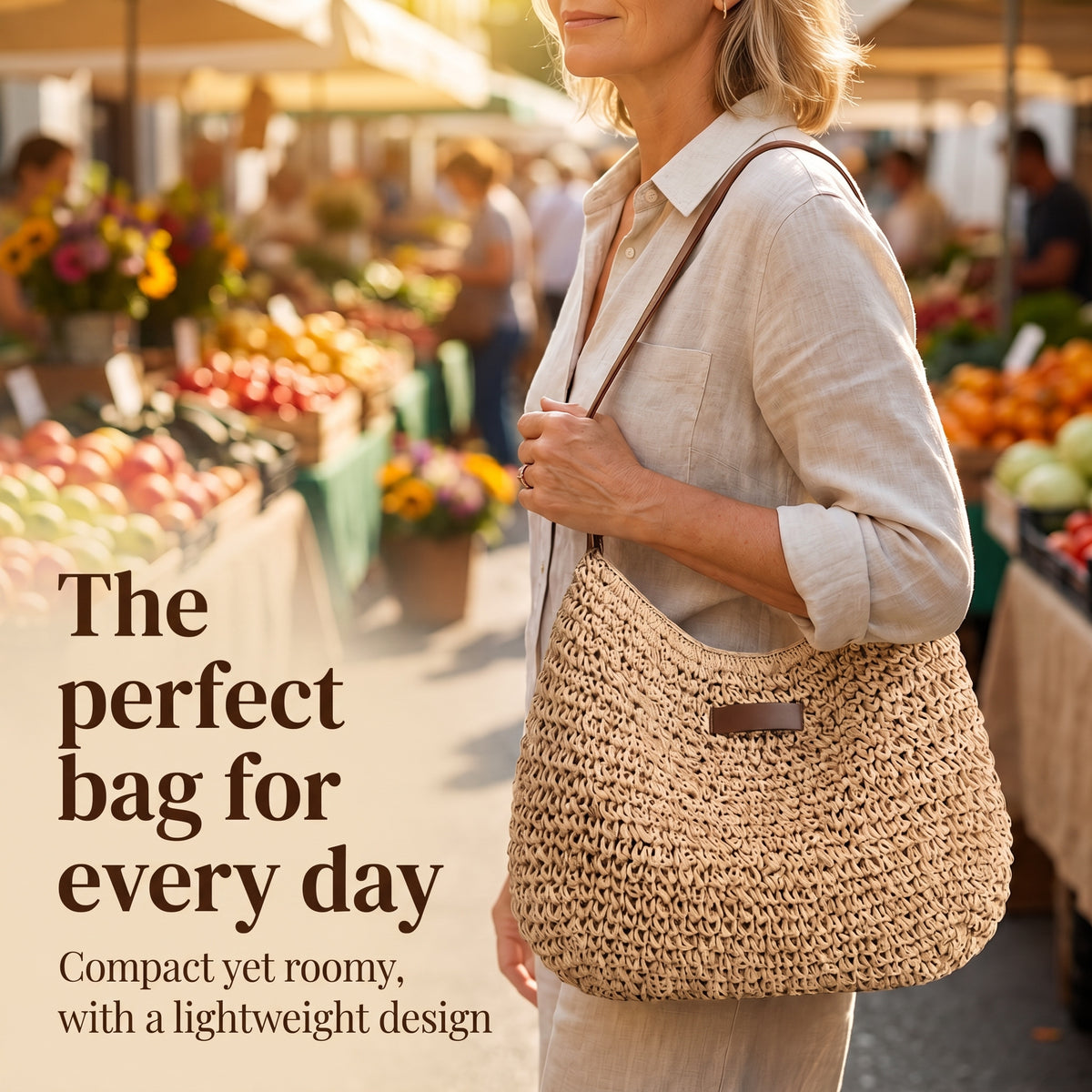 Woman carrying the Sienna woven bag at a market