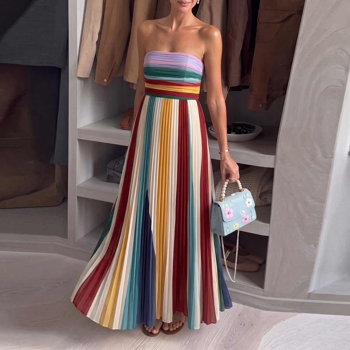 Evrey Solstice dress in Rainbow Stripe, walk-in wardrobe