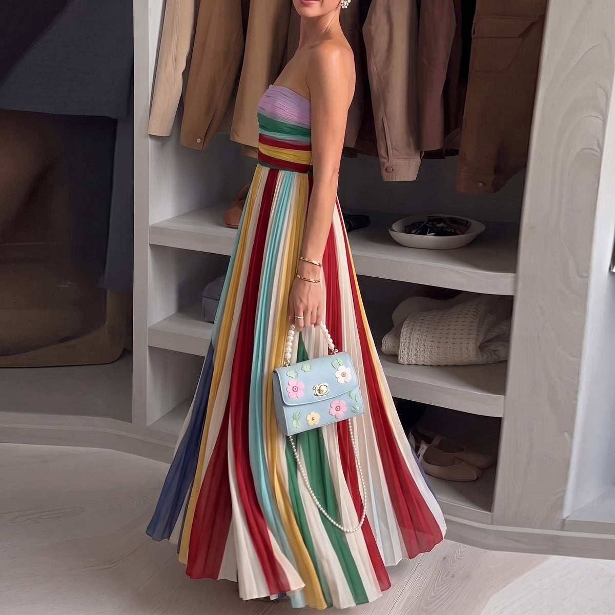 Evrey Solstice dress in Rainbow Stripe, side view