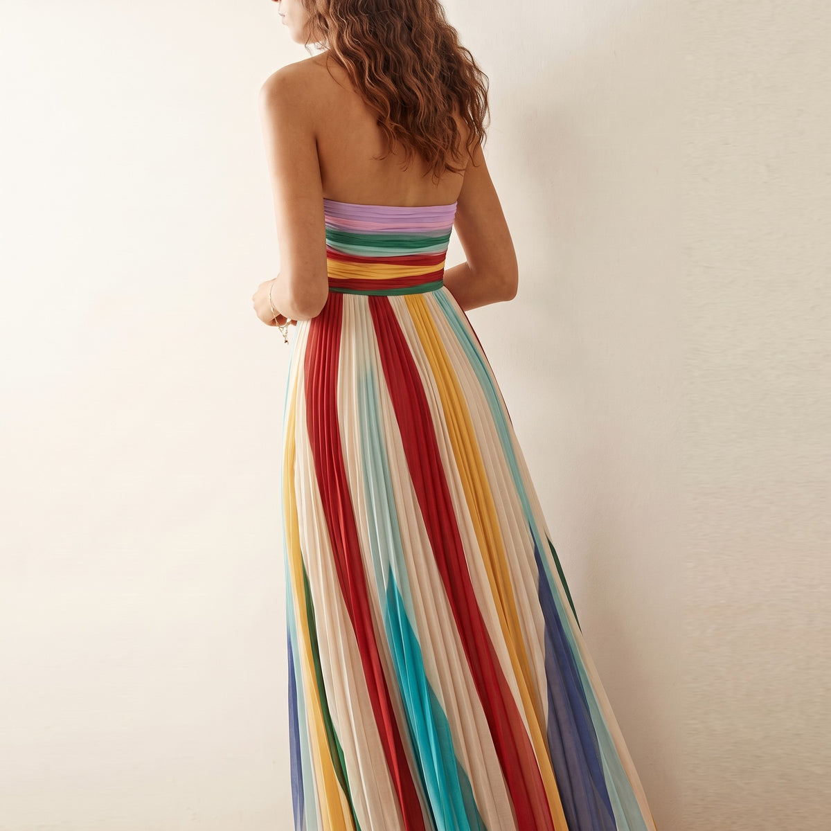Evrey Solstice dress in Rainbow Stripe, back view