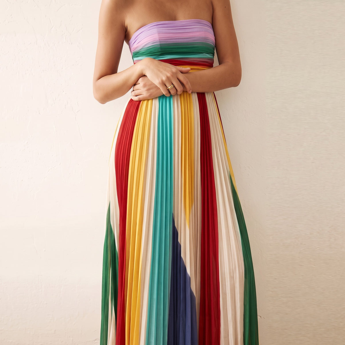 Evrey Solstice dress in Rainbow Stripe, bodice detail