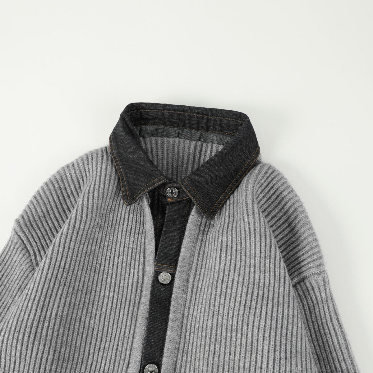Denim collar and button placket of the Soren wool jacket