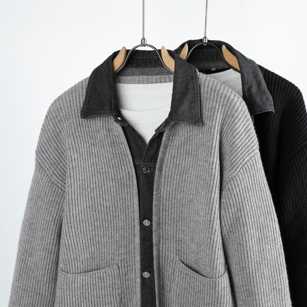 Soren wool jacket in Grey, front view with patch pockets