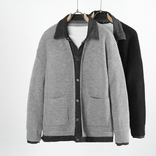Soren wool jacket in Grey and Black, denim-trim knit cardigan jacket