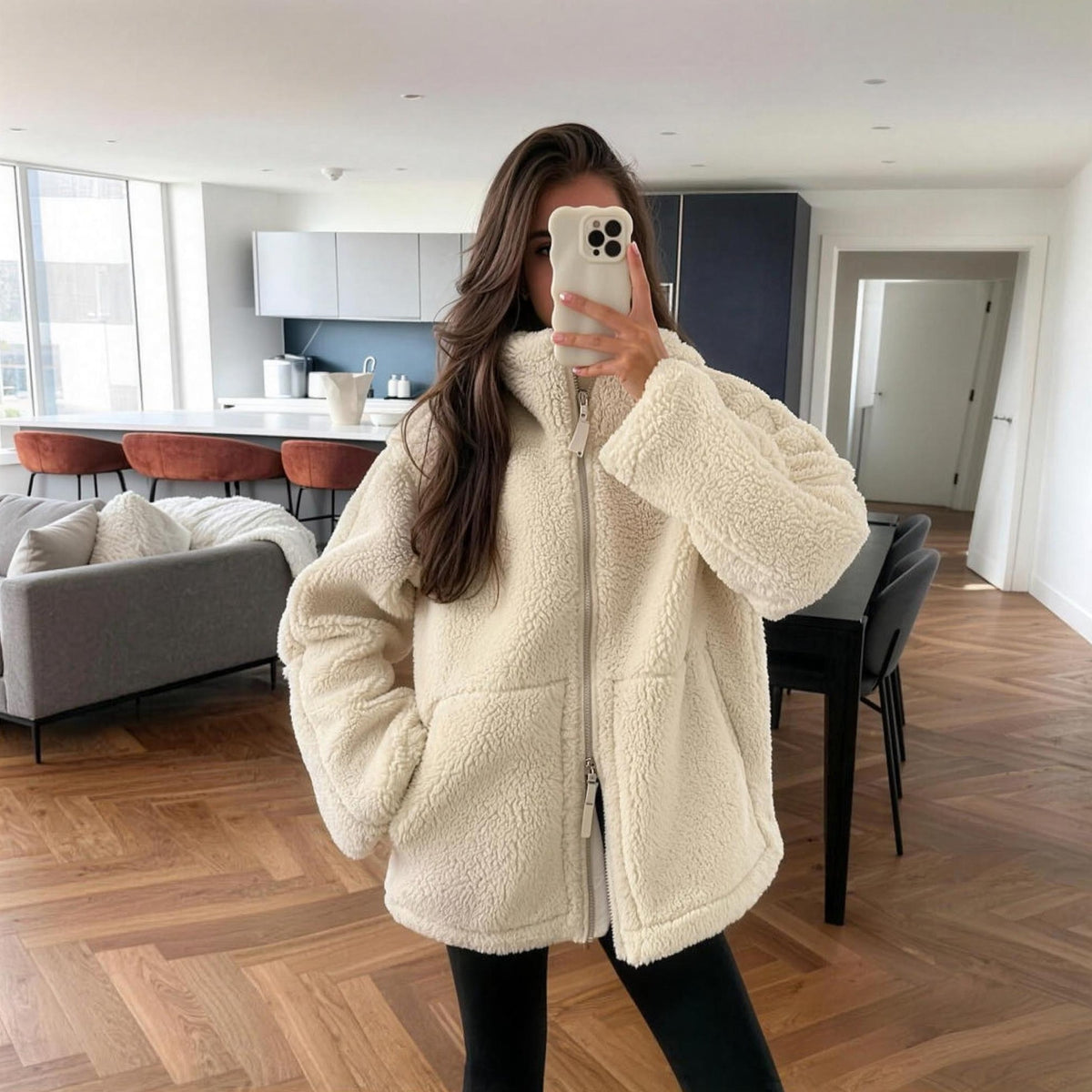 Sylvie Alpaca Oversized Coat in beige, worn at home