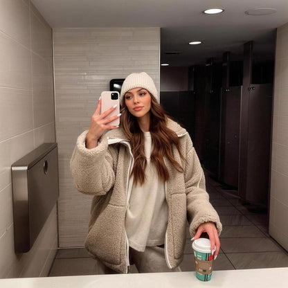 Sylvie Alpaca Oversized Coat in taupe, mirror view