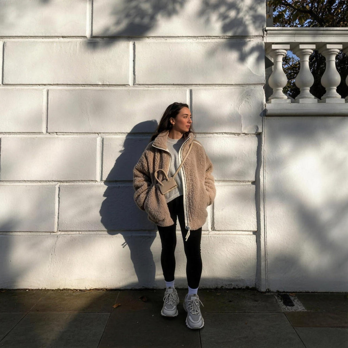 Sylvie Alpaca Oversized Coat in taupe, worn outdoors