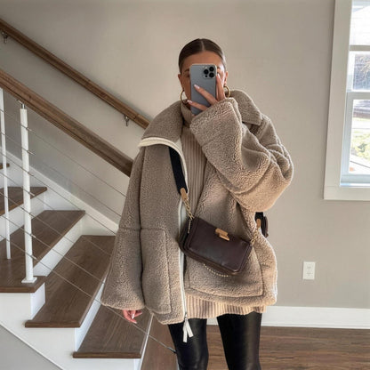 Sylvie Alpaca Oversized Coat in coffee, styled with a crossbody bag