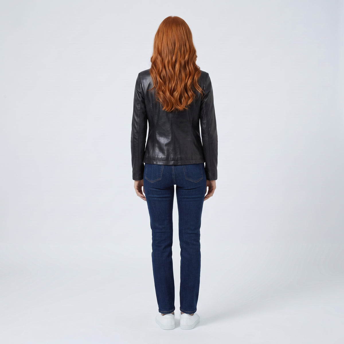 Vera fitted leather blazer in black, back view