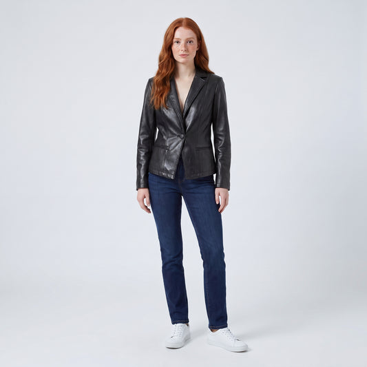 Vera fitted leather blazer in black, front view