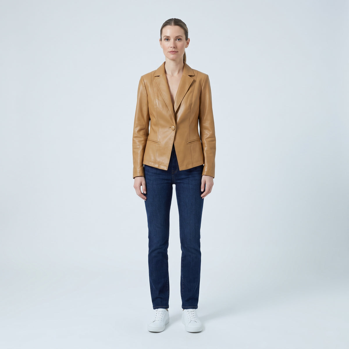 Vera fitted leather blazer in brown, front view