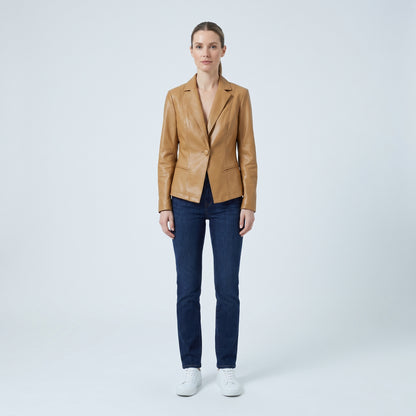 Vera fitted leather blazer in brown, front view