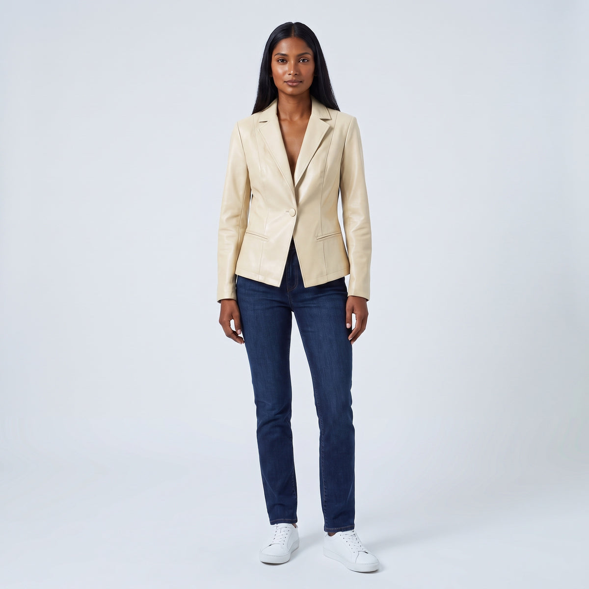Vera fitted leather blazer in white, front view
