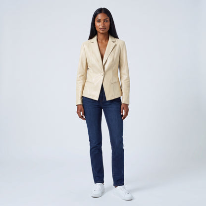 Vera fitted leather blazer in white, front view
